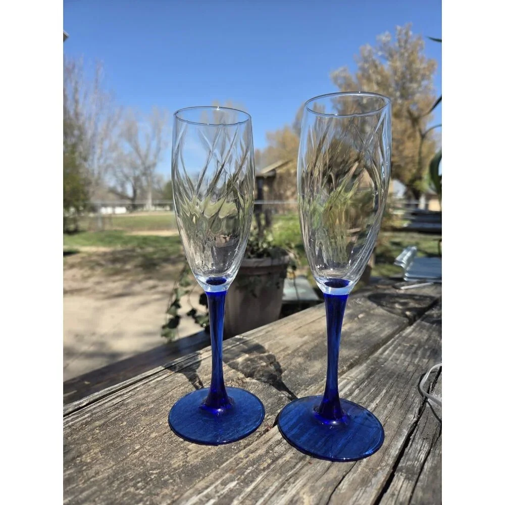 Vintage Cobalt Blue Stem Champagne Flute Wine‎ Glasses 8.25